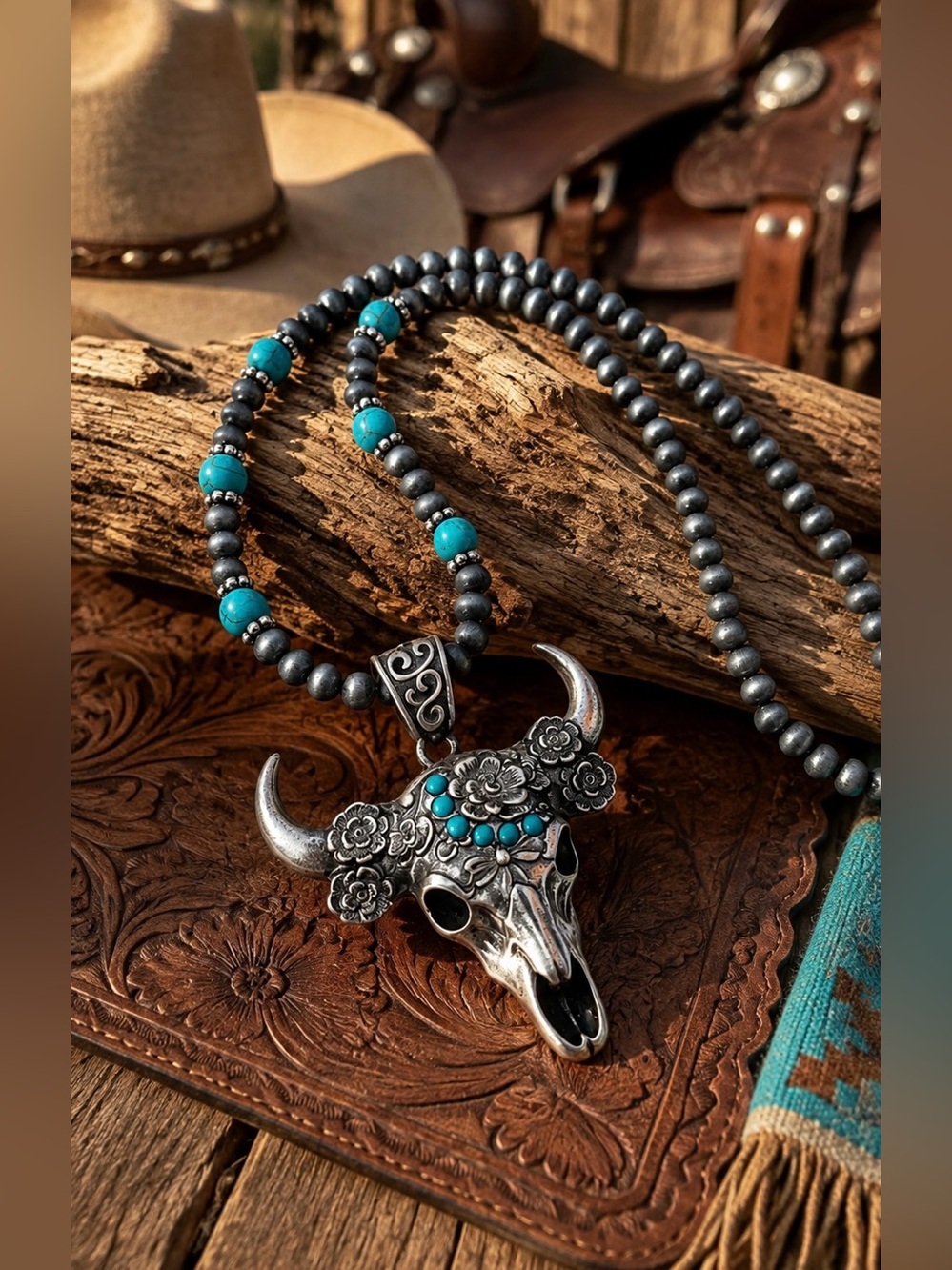 Southwest Western Faux Turquoise Navajo Pearl Inspired Cow Skull Necklace